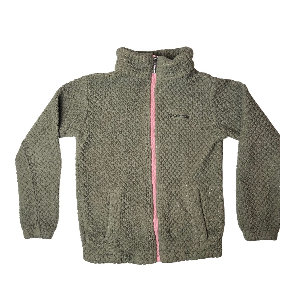 Columbia Kids Fleece Jacket Full Zip Gray Textured Pink Trim Size M
